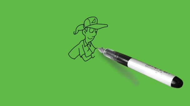 男性机械管道工戴着帽子跪在地板修理管道上 他的工具放在工具箱里 在抽象的绿色屏幕背景上有黑色的轮廓 — 图库视频影像