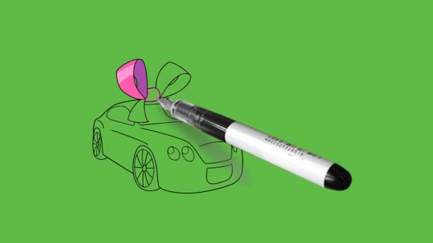 Yeni Arabanın Pembe Mor Şeritlerle Süslenmiş Soyut Yeşil Ekran Arka — Stok video