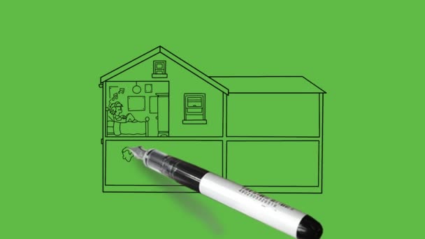 抽象的な緑の背景に黒いアウトラインと別々に家族が占める4つの部屋に大きな家を描く — ストック動画