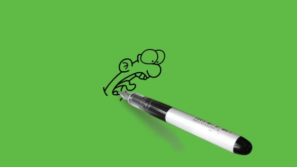 描画スタンディング漫画キャラクター怒っている若い男は抽象的な緑の背景の黒い概要と手で読み取りのペーパーホールド — ストック動画