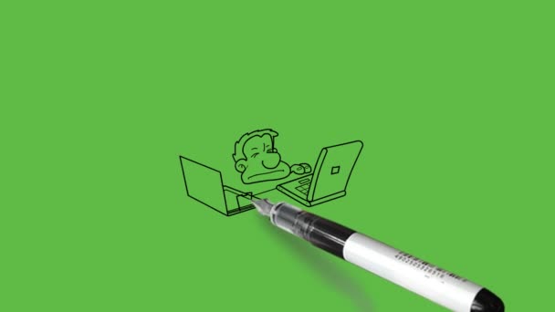Малюнок Молодий Чоловік Сидить Стільці Робота Місці Ноутбука Столі Купа — стокове відео