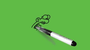 Açık ağızlı ayakta duran çizgi film karakterini çiz. İki elinde de sıkıca tut. Soyut yeşil ekran arka planında siyah çizgiler olsun.   