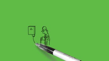 Soyut yeşil ekran arkaplan üzerinde siyah ana hatlı mekanik tamir makinesini ve aracı yakın mesafeden çiz   