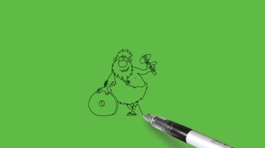 Tepedeki taşın desteğiyle şişman genç adam ayağa kalk sol elinde Hummer taşı taşı ve soyut yeşil ekran arka planında siyah çizgili işaret parmağı ile işaret yap   