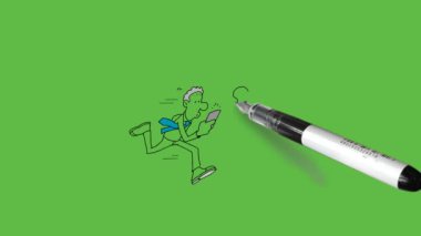 Hızlı koşan iki genç adam çizmek, sağ el hareket eden zayıf adam ve şişman adam hem yumruk hem de genç kız diğer tarafta çalışan soyut yeşil ekran arka planda siyah çizgili yumruklar yapan.   