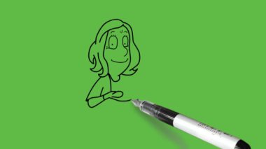 Genç bir kızın kollarını iki avucunun içine almış ve soyut yeşil ekran arka planda siyah çizgiler çizmiş bir şekilde durduğunu yakından görürüz.    