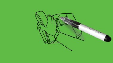 İnsan eli giysisi gömlek kol manşeti soyut yeşil ekran arkaplan üzerinde siyah ana hatlı dinleme ve konuşma için kullanılan telefon alıcısını seçmeye çalışın   