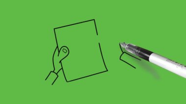 Kağıdı sol elinle tut ve üzerine kalem ya da kalemle yaz. Sağ elinle tut. Çizgiler yap ve soyut yeşil ekran arka planında siyah çizgili küçük daireler çizerek dikdörtgen kutular yap.   