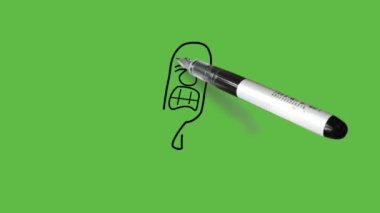 Çizgi film karakterini çiz. Genç adam iki elini de kulaklarına daya ve soyut yeşil ekran arka planında siyah çizgilerle acı hisset.    