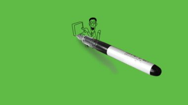 Genç adamı çiz sandalyede otur bilgisayarda çalış sol elini klavyede tut ve sağ işaret parmağını ekranda tut öğretmenlerin öğrettiği sol tarafa bak tahtada duran grafiğe bak soyut yeşil ekran arka planında siyah çizgiler var     