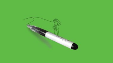 Kavşakta duran genç adamı çiz. Sağ elini kalça ve sol el işaret parmağına koy. Soyut yeşil ekran arka planında siyah çizgiler olsun.    