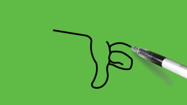 İnsan elini çiz, baş parmağını indir ve diğer dört parmak içe doğru kıvrıl, soyut yeşil ekran arka planında siyah çizgili yumruk yap.    