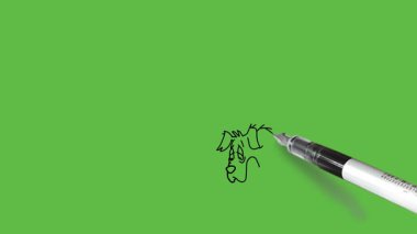 Ayakta duran genç adam hafifçe öne eğil sağ işaret parmağını köpeğin yanına ve sol eline koy ve soyut yeşil ekran arka planında siyah çizgiler çiz.   