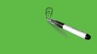 Açık bacaklı ve kolları olan genç adamı çiz. Palmiyelerle durması için işaret ver. Soyut yeşil ekran arka planında siyah çizgili mavi kravat tak.  