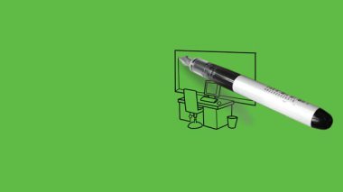 Ofis sahnesini çiz iki oturma pozisyonu ayarlanabilir sandalye, bilgisayar masası, bitki, çöp kutusu, duvarda siyah çizgili takvim soyut yeşil ekran arkaplan  