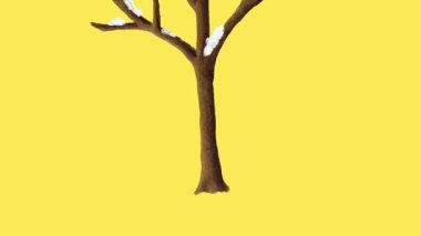 draw leafless tree of purple flower decorate with green leaf on yellow screen background