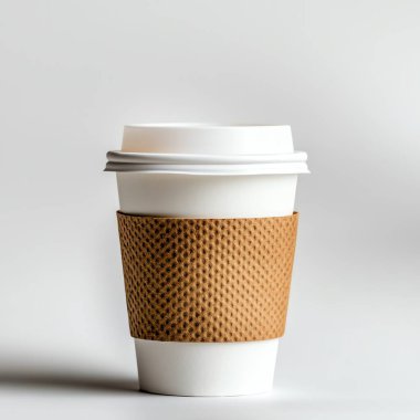 A minimalist image of a disposable coffee cup with a brown sleeve on a neutral background. Perfect for concepts related to coffee culture, takeaway drinks, and modern lifestyles. clipart