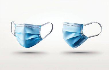 Blue medical face masks floating against a clean white background, highlighting their design and features. clipart