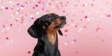 Charming dachshund gazes upward amidst a shower of delicate pink and white heart confetti on a soft pastel background, evoking warmth and affection. clipart