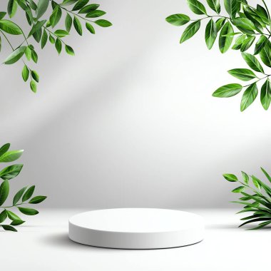 Minimalist white pedestal surrounded by lush green leaves on a soft background. Ideal for product display, presentations, or nature-themed designs. clipart