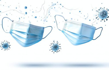 Protective face masks and virus particles illustrating the concept of healthcare and safety measures. clipart