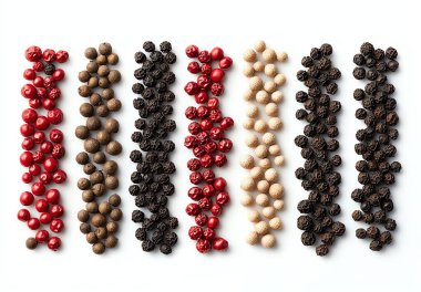 Variety of peppercorns in rows, white isolated background clipart