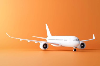 A detailed model of a white airplane set against a vibrant orange background. Perfect for use in travel, transportation, or aviation-themed projects and marketing materials. clipart