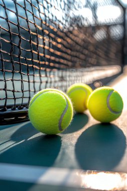 Close-up of tennis balls and racket on the court, with a blurred background and the net in focus clipart