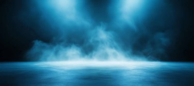 Dramatic blue stage with fog and bright lighting, creating a captivating atmosphere, perfect for theater or concert backgrounds, abstract designs, and artistic visuals. clipart