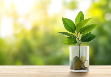 A small plant grows in a glass filled with coins, symbolizing eco-friendly investment and sustainable growth against a blurred green backdrop on a wooden surface. clipart