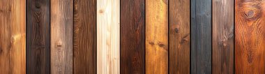 A variety of wooden planks in multiple textures and shades, ranging from light to dark browns. Perfect for design projects needing a rustic, natural touch. clipart