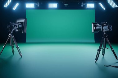 Professional green screen studio setup with two cameras and bright lighting, ideal for video production, photography, and content creation in a high-tech environment. clipart