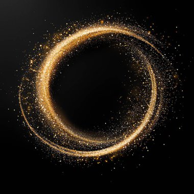 A dazzling circular swirl of golden particles on a black background, creating an enchanting and elegant effect. Perfect for designs, banners, or festive themes. clipart