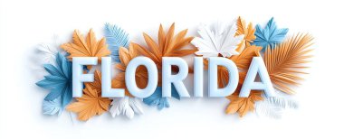 Creative 3D text reading 'Florida' surrounded by vibrant blue, white, and orange tropical leaves, evoking a sense of a sunny and exotic getaway. clipart