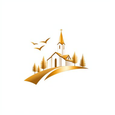 Elegant golden illustration of a hilltop church with trees and birds in flight, symbolizing peace, spirituality, and tranquility. clipart