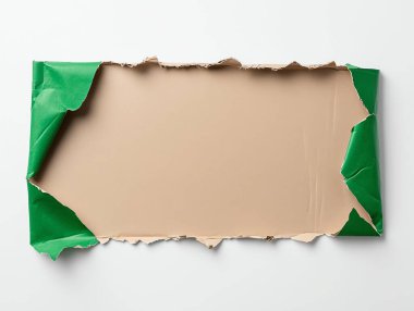 Image showcasing a ripped piece of green paper revealing a blank brown background; ideal for creative design projects, presentations, and advertising materials. clipart