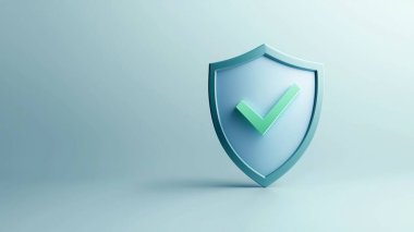 3D illustration of a shield with a green checkmark symbolizing security, protection, and approval against a soft blue background. clipart