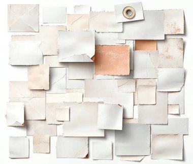 A collection of various sized torn paper pieces overlapping creatively, highlighting texture, color, and design. Ideal for backgrounds and collages. clipart