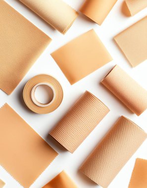 An arrangement of various textured and plain brown papers and tape rolls on a white background, showcasing design materials and creative tools. clipart