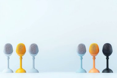 Colorful microphones arranged on a light background, ideal for music, podcasting, and audio recording themes. clipart