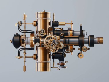 Steampunk mechanical gear system illustration with complex brass and metal components, intricate and detailed technology design. clipart