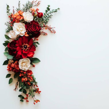 Elegant floral arrangement with red, white, and orange flowers on a white background. Perfect for romantic and festive occasions. clipart