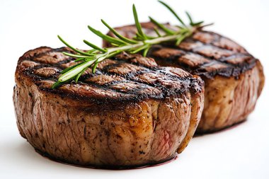 Juicy grilled beef steak garnished with fresh rosemary on a white background. Perfect for culinary and food photography enthusiasts. clipart