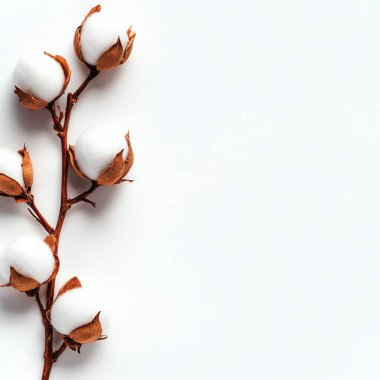 Minimalist cotton plant branch with soft white bolls on a clean white background. Perfect for natural and organic theming in design. clipart