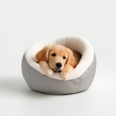 Adorable golden retriever puppy resting in a cozy gray pet bed against a soft white background, capturing warmth and comfort. clipart