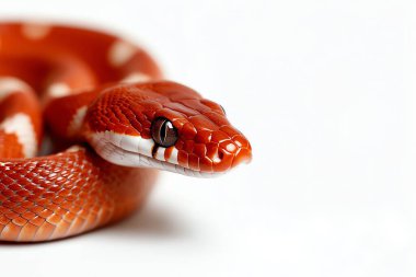 Close-up of a vibrant orange and white corn snake on a white background, showcasing its scales and unique pattern in detail. clipart