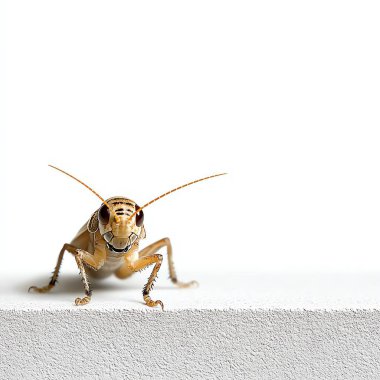 A detailed close-up of a cricket perched on a white surface, showcasing its intricate features and natural beauty. clipart