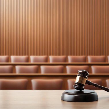 A gavel on a wooden table in a courtroom, symbolizing justice and legal proceedings in a professional environment. clipart