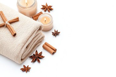 A serene arrangement featuring soft towels, candles, and aromatic spices for a calming and cozy atmosphere. clipart