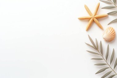 A serene coastal arrangement featuring a starfish, shell, and leaves, perfect for summer-themed designs or beach decor. clipart